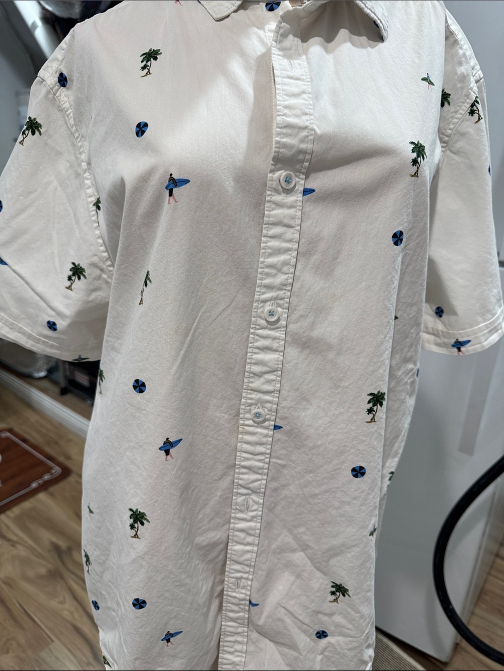 Denim & Flower White Short-Sleeve Button-Down with Blue Surf & Green Palm Motifs